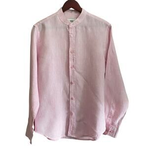 Bigbang Pink Collarless 100% Linen Pink Button Down Long Sleeve Shirt Sz Medium